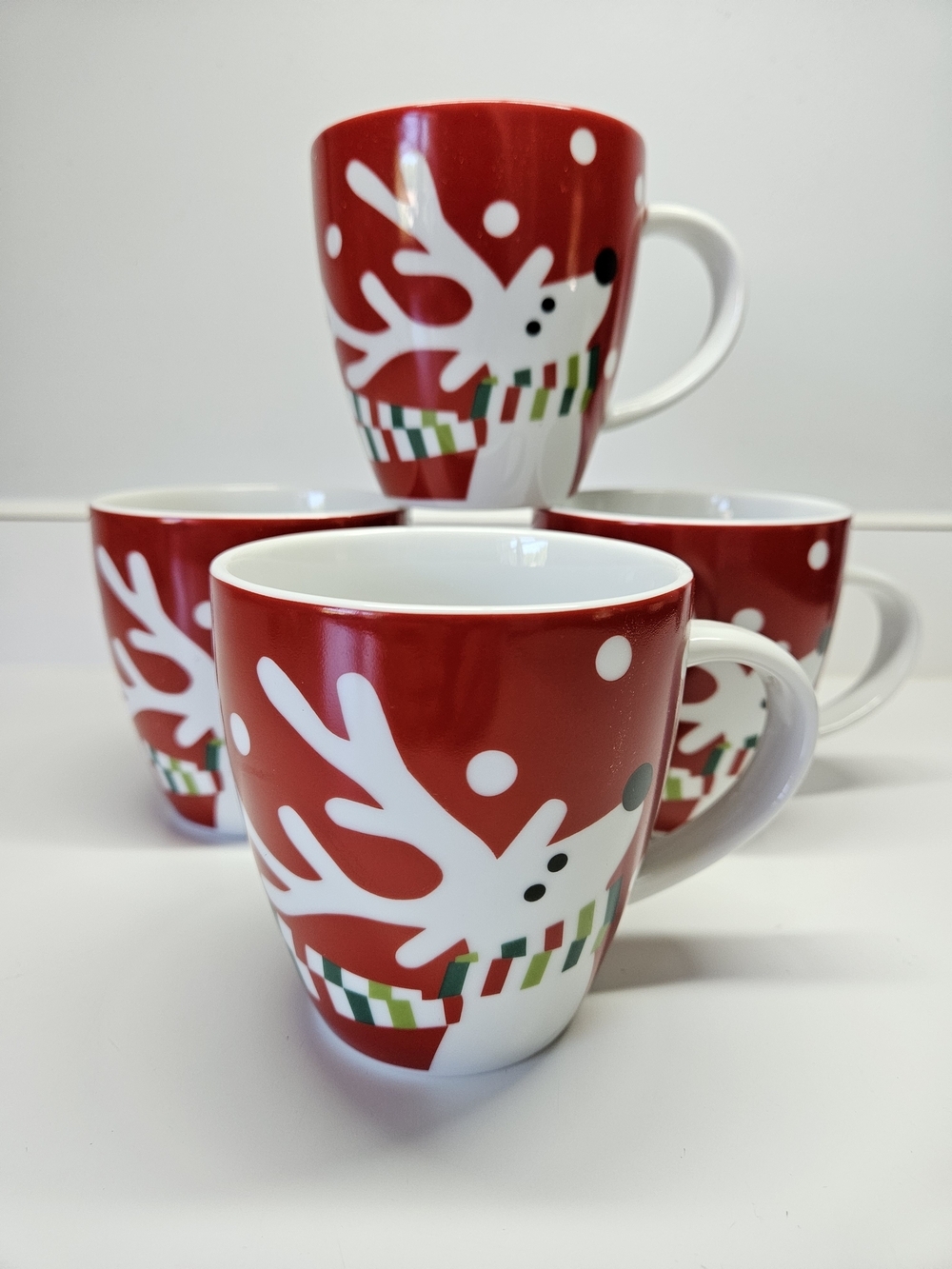 Crate & Barrel Red Ceramic Reindeer Christmas Mugs 12 OZ Set 4